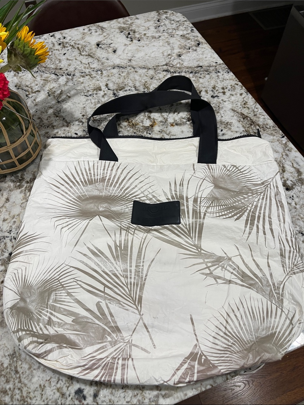 ALOHA Collection Cream Tote with Taupe Palm Print and Black Straps